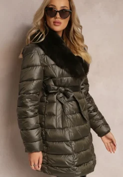 Ciemnozielona Pikowana Kurtka z Wiązanym Paskiem i Kołnierzem z Futerka Avrissa