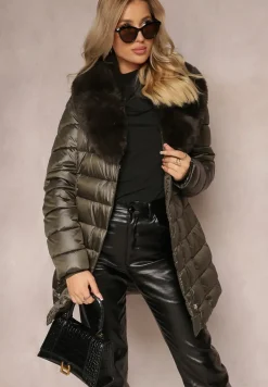 Ciemnozielona Pikowana Kurtka z Wiązanym Paskiem i Kołnierzem z Futerka Avrissa