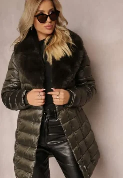 Ciemnozielona Pikowana Kurtka z Wiązanym Paskiem i Kołnierzem z Futerka Avrissa