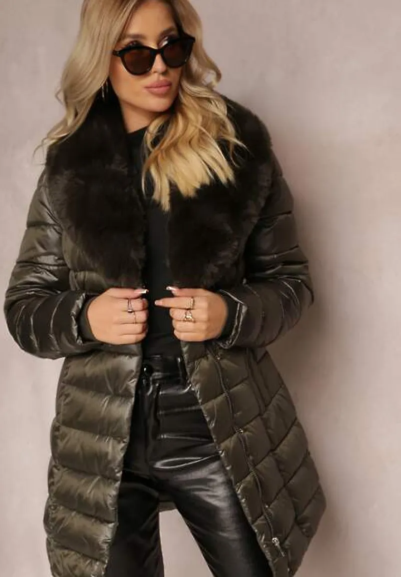 Ciemnozielona Pikowana Kurtka z Wiązanym Paskiem i Kołnierzem z Futerka Avrissa