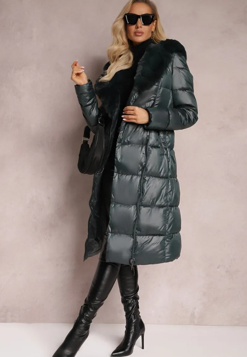 Ciemnozielona Pikowana Kurtka Płaszcz za Kolano z Wiązanym Paskiem i Futerkiem Vivenda