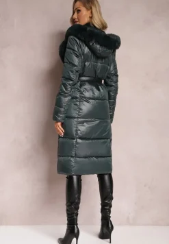 Ciemnozielona Pikowana Kurtka Płaszcz za Kolano z Wiązanym Paskiem i Futerkiem Vivenda