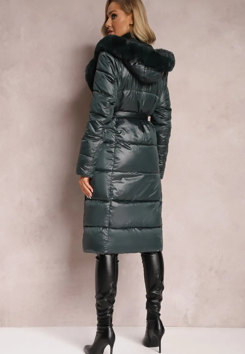 Ciemnozielona Pikowana Kurtka Płaszcz za Kolano z Wiązanym Paskiem i Futerkiem Vivenda