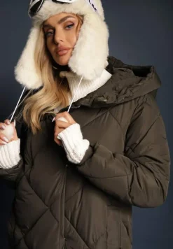 Ciemnozielona Pikowana Kurtka Płaszcz za Kolano z Kapturem Kinassan