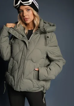 Ciemnozielona Pudełkowa Kurtka Zdobiona Pikowanymi Przeszyciami z Kapturem i Ściągaczami Ziasha