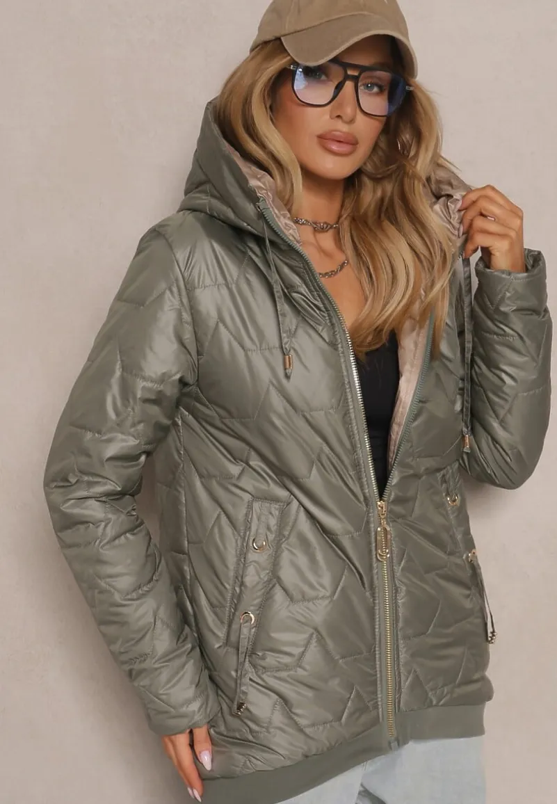 Ciemnozielona Pudełkowa Kurtka z Pikowanymi Przeszyciami i Kapturem Telaniela