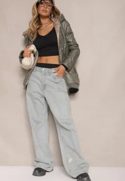 Ciemnozielona Pudełkowa Kurtka z Pikowanymi Przeszyciami i Kapturem Telaniela