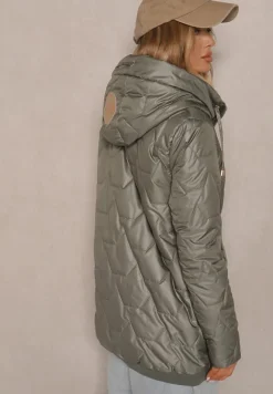 Ciemnozielona Pudełkowa Kurtka z Pikowanymi Przeszyciami i Kapturem Telaniela