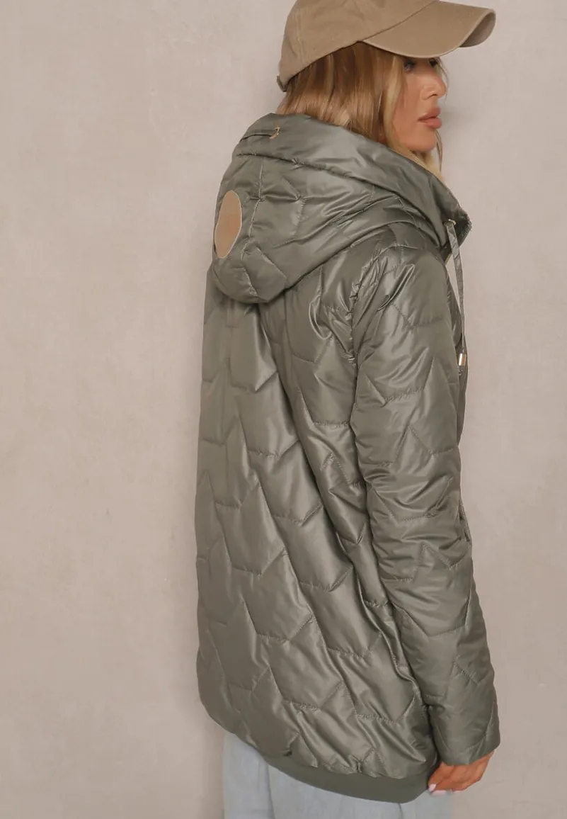 Ciemnozielona Pudełkowa Kurtka z Pikowanymi Przeszyciami i Kapturem Telaniela