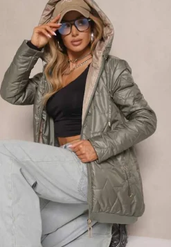 Ciemnozielona Pudełkowa Kurtka z Pikowanymi Przeszyciami i Kapturem Telaniela