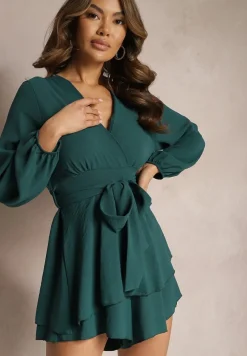 Ciemnozielona Rozkloszowana Sukienka Kombinezon z Kopertowym Dekoltem i Falbanką Vomitta