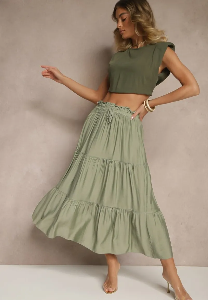 Ciemnozielona Rozkloszowana Spódnica z Wiskozy Ozdobiona Wiązaniem Elliressa