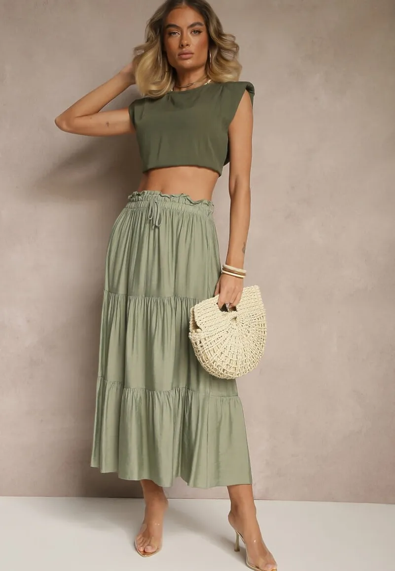 Ciemnozielona Rozkloszowana Spódnica z Wiskozy Ozdobiona Wiązaniem Elliressa