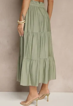 Ciemnozielona Rozkloszowana Spódnica z Wiskozy Ozdobiona Wiązaniem Elliressa