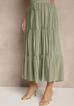 Ciemnozielona Rozkloszowana Spódnica z Wiskozy Ozdobiona Wiązaniem Elliressa
