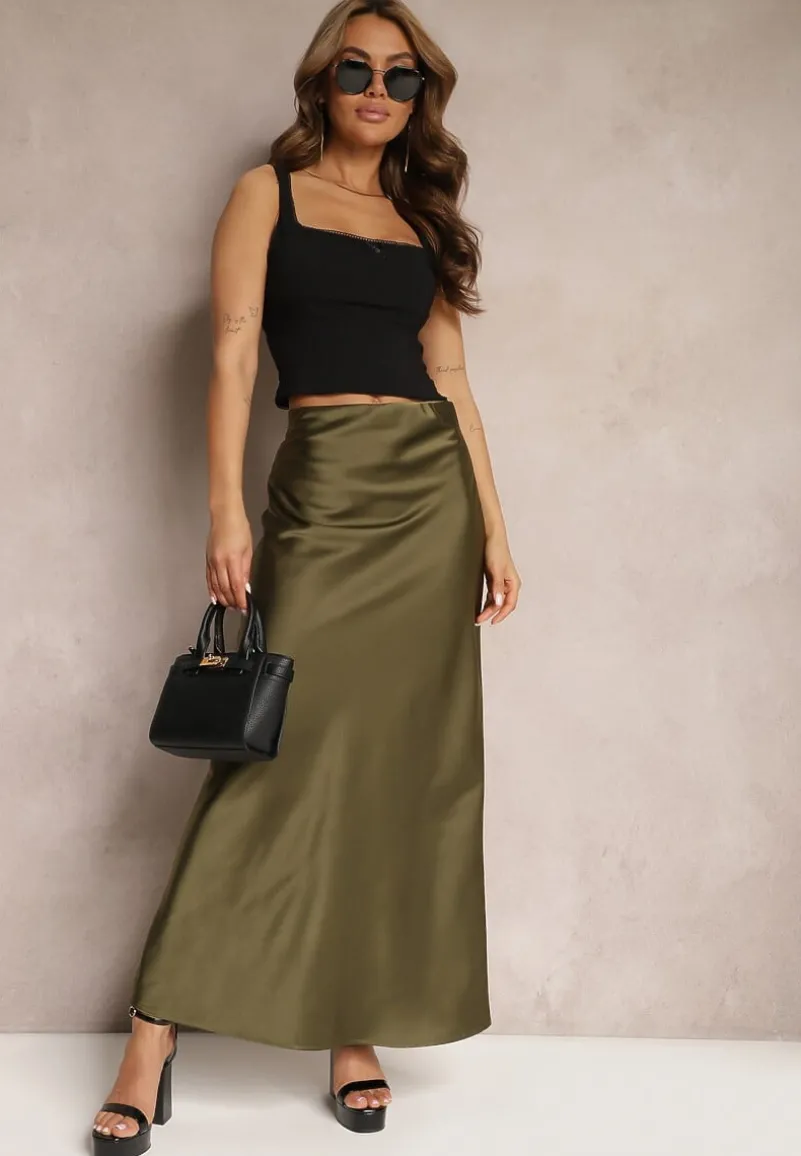 Ciemnozielona Satynowa Spódnica Maxi High Waist Formia