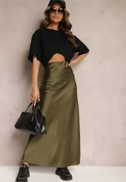 Ciemnozielona Satynowa Spódnica Maxi High Waist Formia