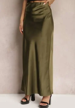 Ciemnozielona Satynowa Spódnica Maxi High Waist Formia