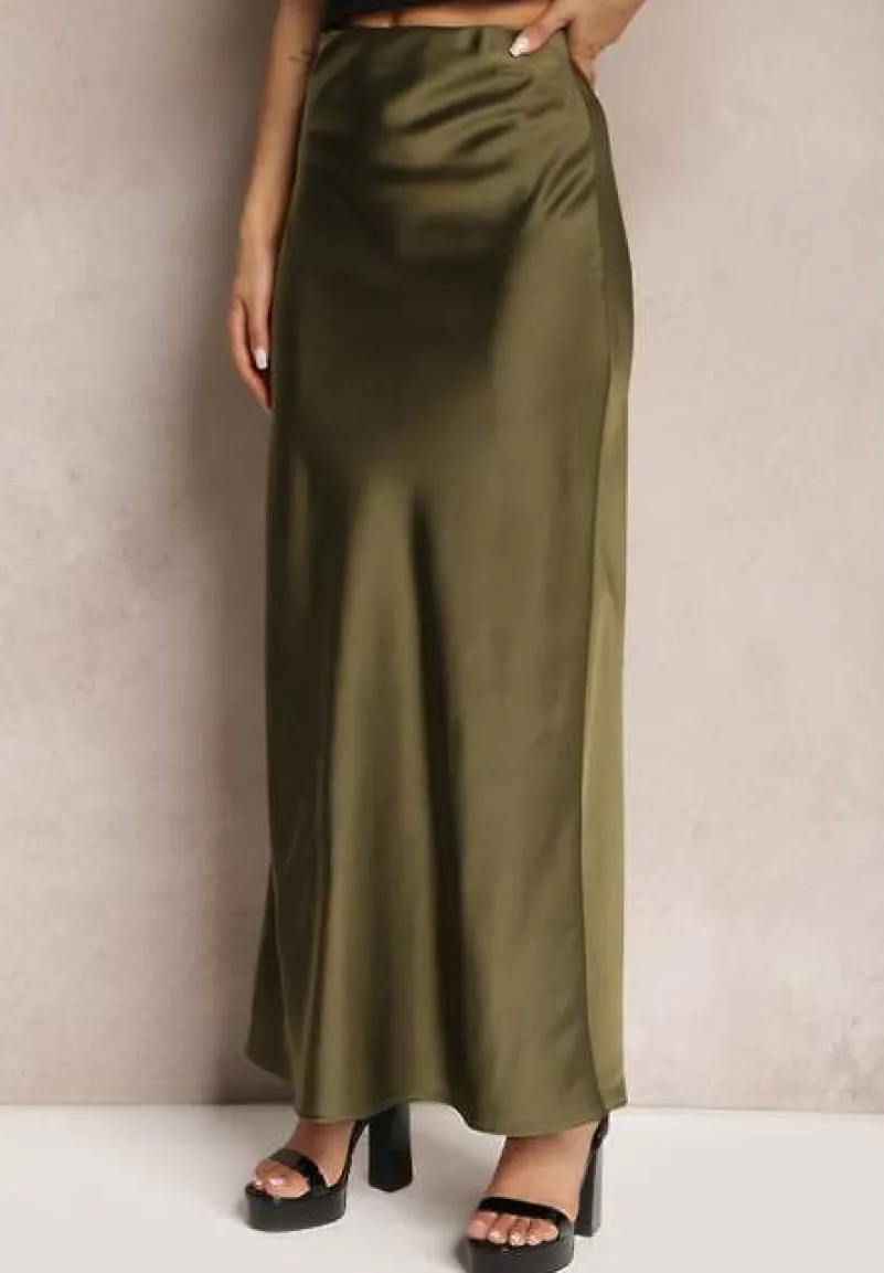 Ciemnozielona Satynowa Spódnica Maxi High Waist Formia