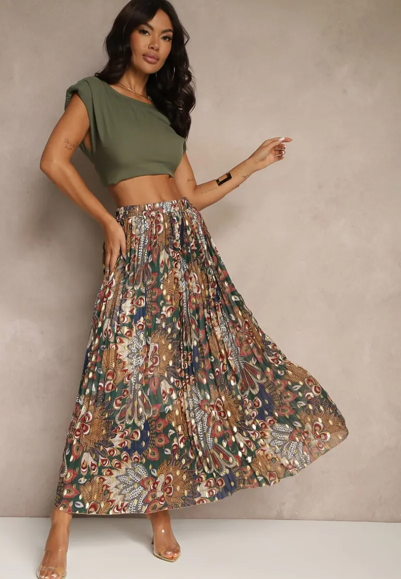 Ciemnozielona Spódnica Plisowana Ozdobiona Metalicznym Nadrukiem Firavenne
