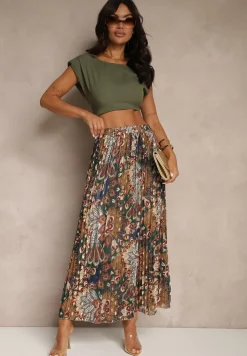 Ciemnozielona Spódnica Plisowana Ozdobiona Metalicznym Nadrukiem Firavenne