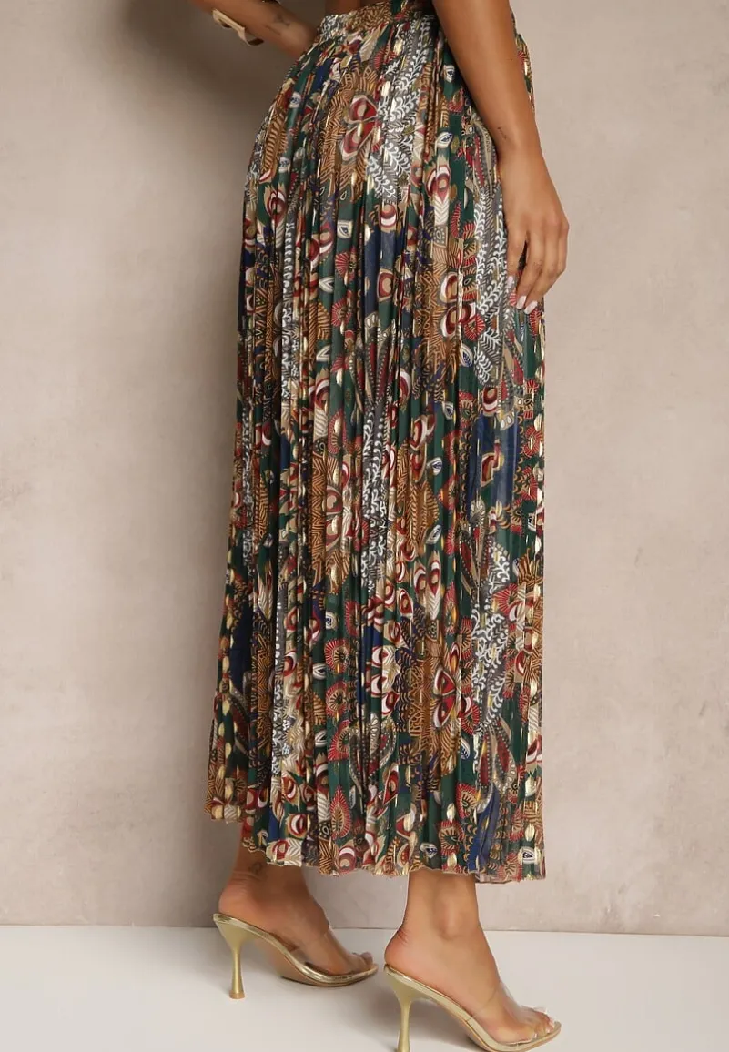 Ciemnozielona Spódnica Plisowana Ozdobiona Metalicznym Nadrukiem Firavenne