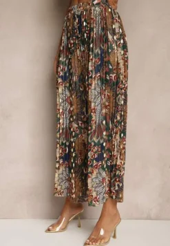 Ciemnozielona Spódnica Plisowana Ozdobiona Metalicznym Nadrukiem Firavenne