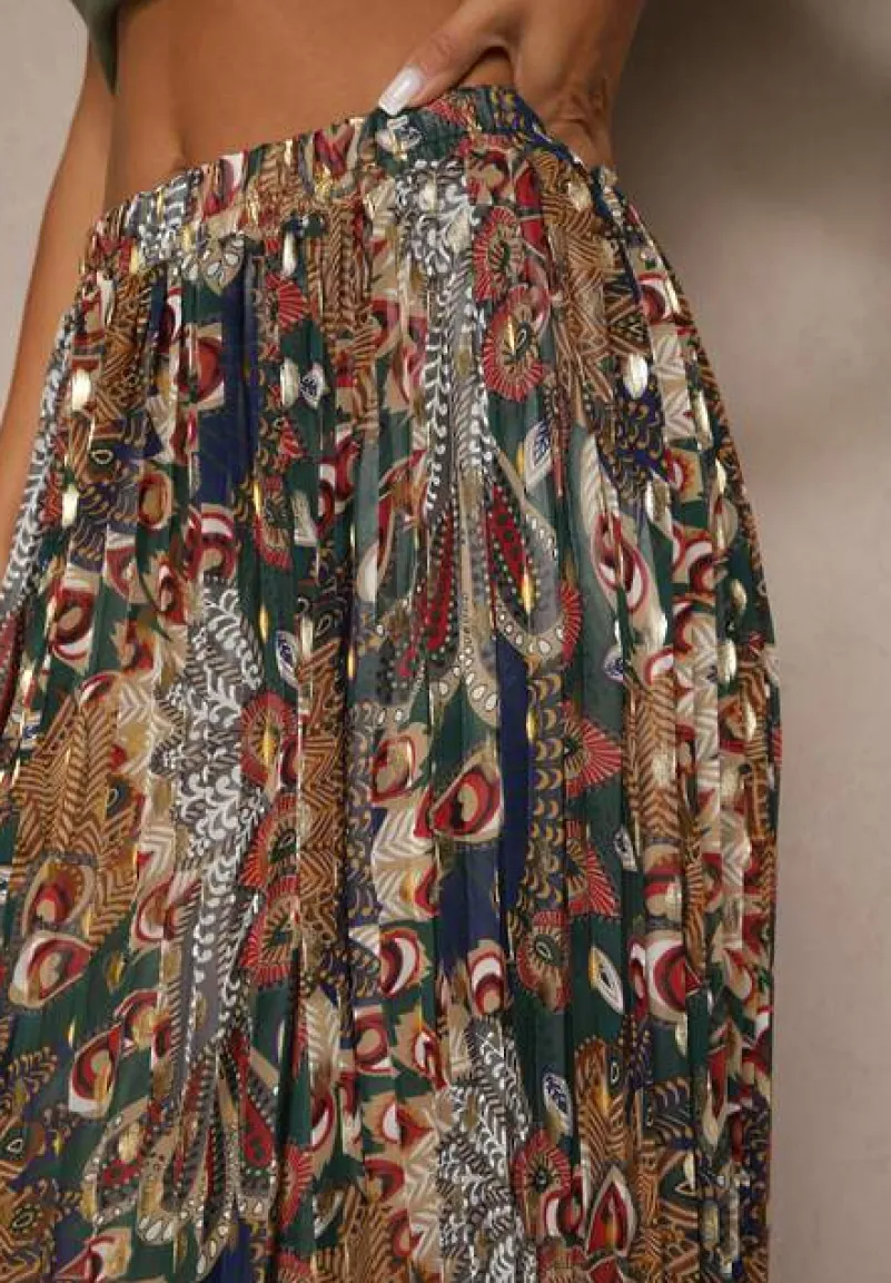 Ciemnozielona Spódnica Plisowana Ozdobiona Metalicznym Nadrukiem Firavenne