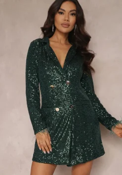 Ciemnozielona Sukienka Mini o Kroju Marynarki z Cekinami i Piórkami na Rękawach Zake