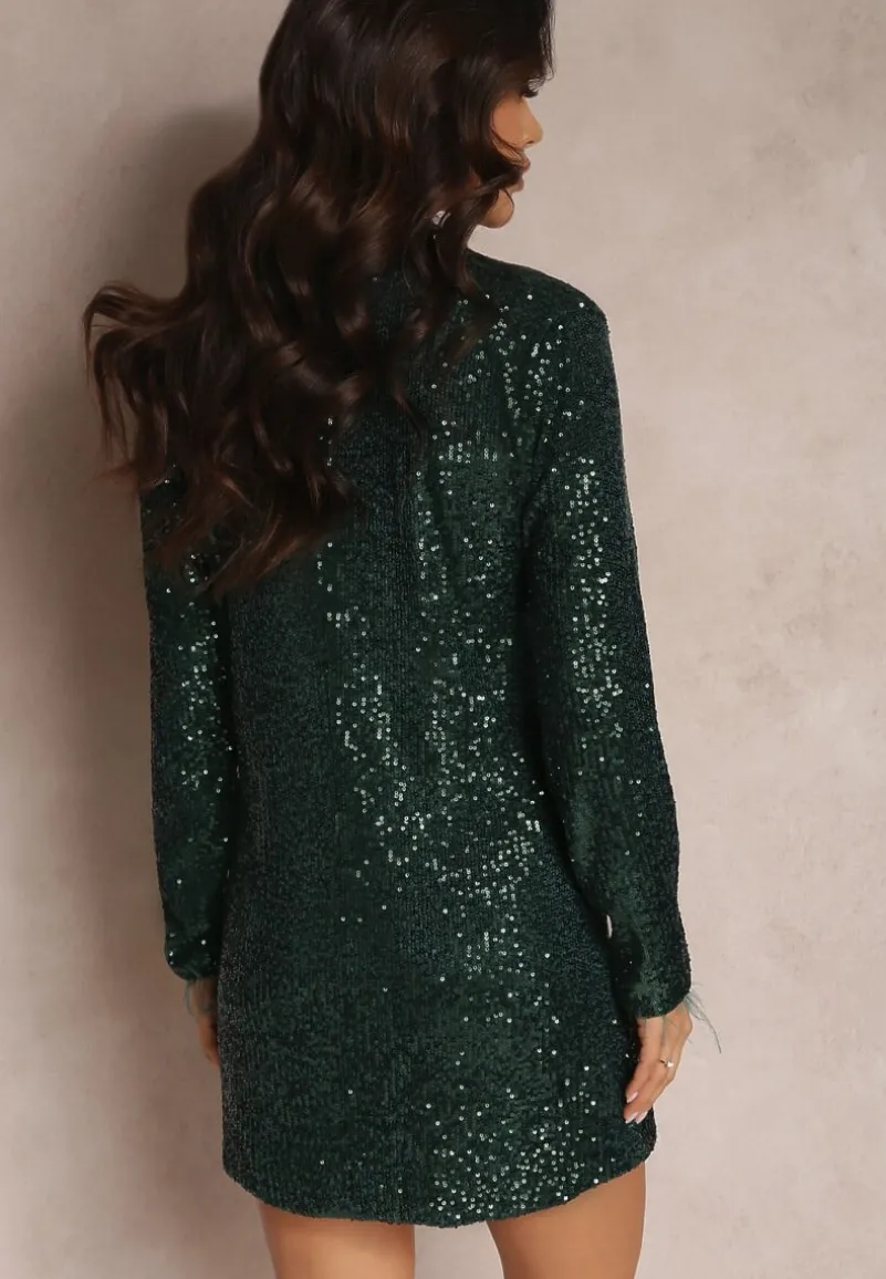 Ciemnozielona Sukienka Mini o Kroju Marynarki z Cekinami i Piórkami na Rękawach Zake