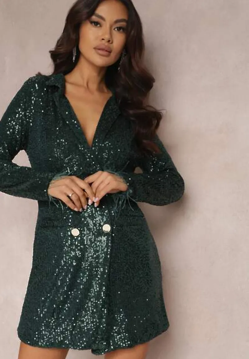 Ciemnozielona Sukienka Mini o Kroju Marynarki z Cekinami i Piórkami na Rękawach Zake