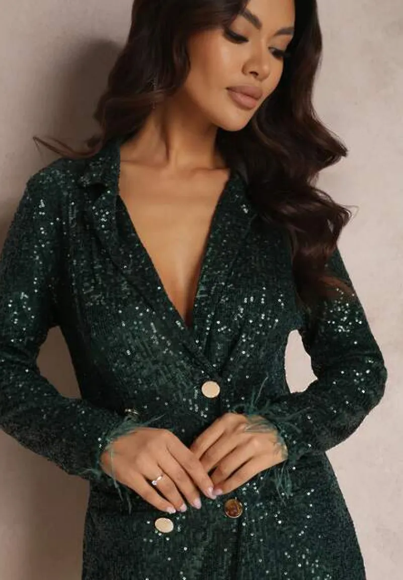 Ciemnozielona Sukienka Mini o Kroju Marynarki z Cekinami i Piórkami na Rękawach Zake