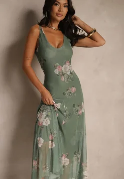 Ciemnozielona Sukienka Siateczkowa w Kwiaty Milosea