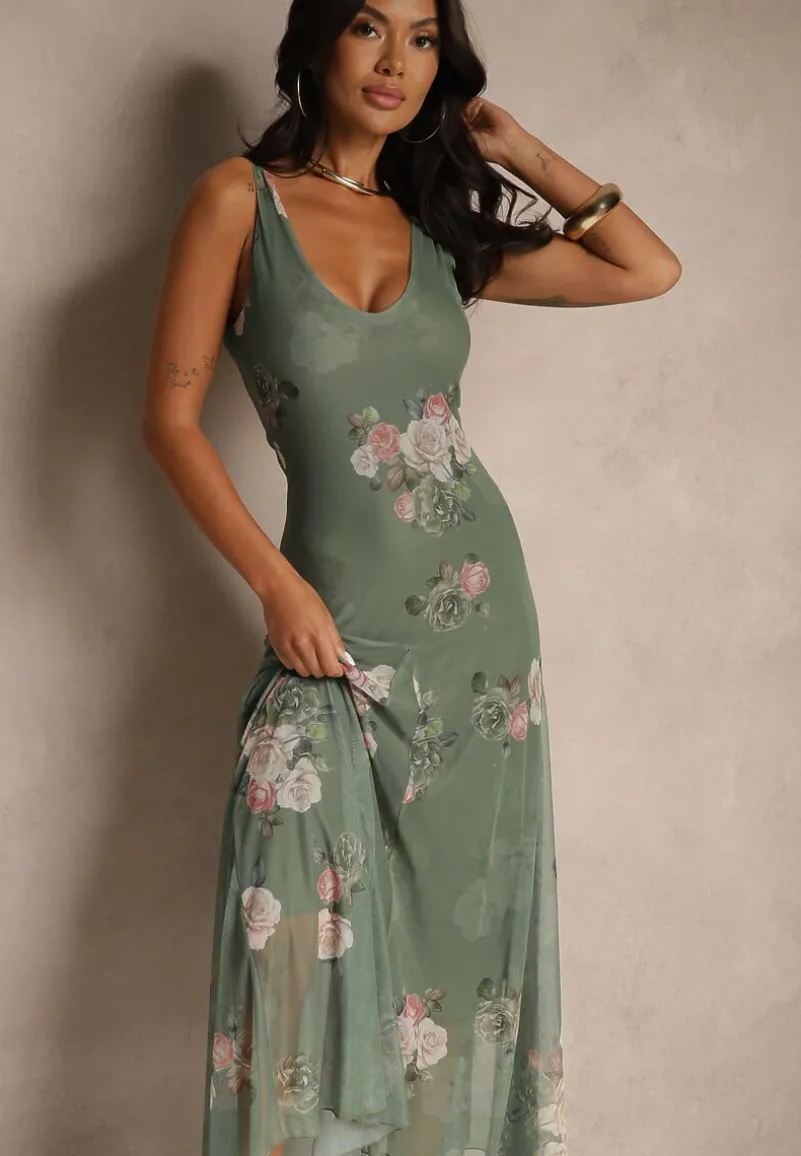 Ciemnozielona Sukienka Siateczkowa w Kwiaty Milosea