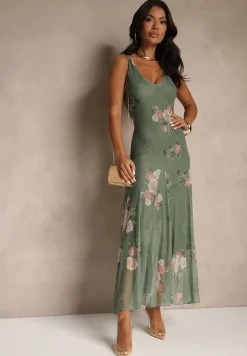 Ciemnozielona Sukienka Siateczkowa w Kwiaty Milosea