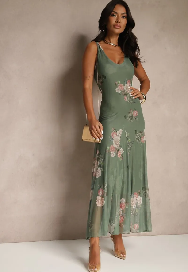 Ciemnozielona Sukienka Siateczkowa w Kwiaty Milosea