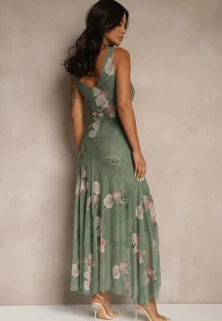 Ciemnozielona Sukienka Siateczkowa w Kwiaty Milosea