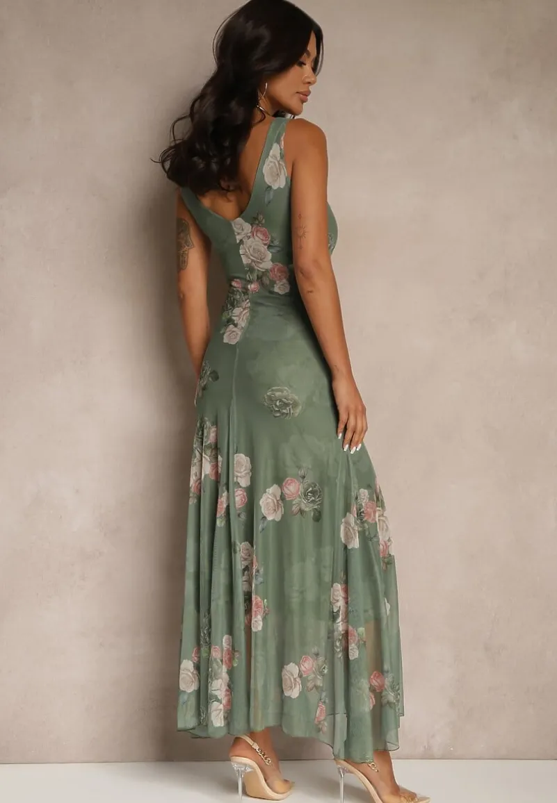 Ciemnozielona Sukienka Siateczkowa w Kwiaty Milosea