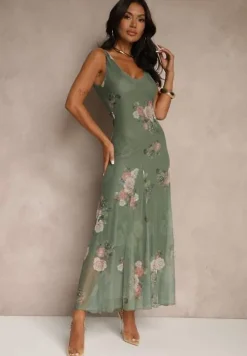 Ciemnozielona Sukienka Siateczkowa w Kwiaty Milosea