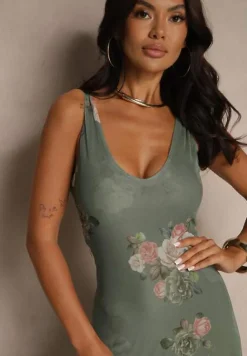 Ciemnozielona Sukienka Siateczkowa w Kwiaty Milosea