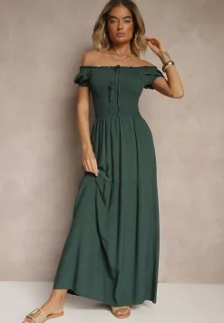 Ciemnozielona Sukienka z Wiskozy w Stylu Hiszpanki Ozdobiona Marszczeniem Jenalena