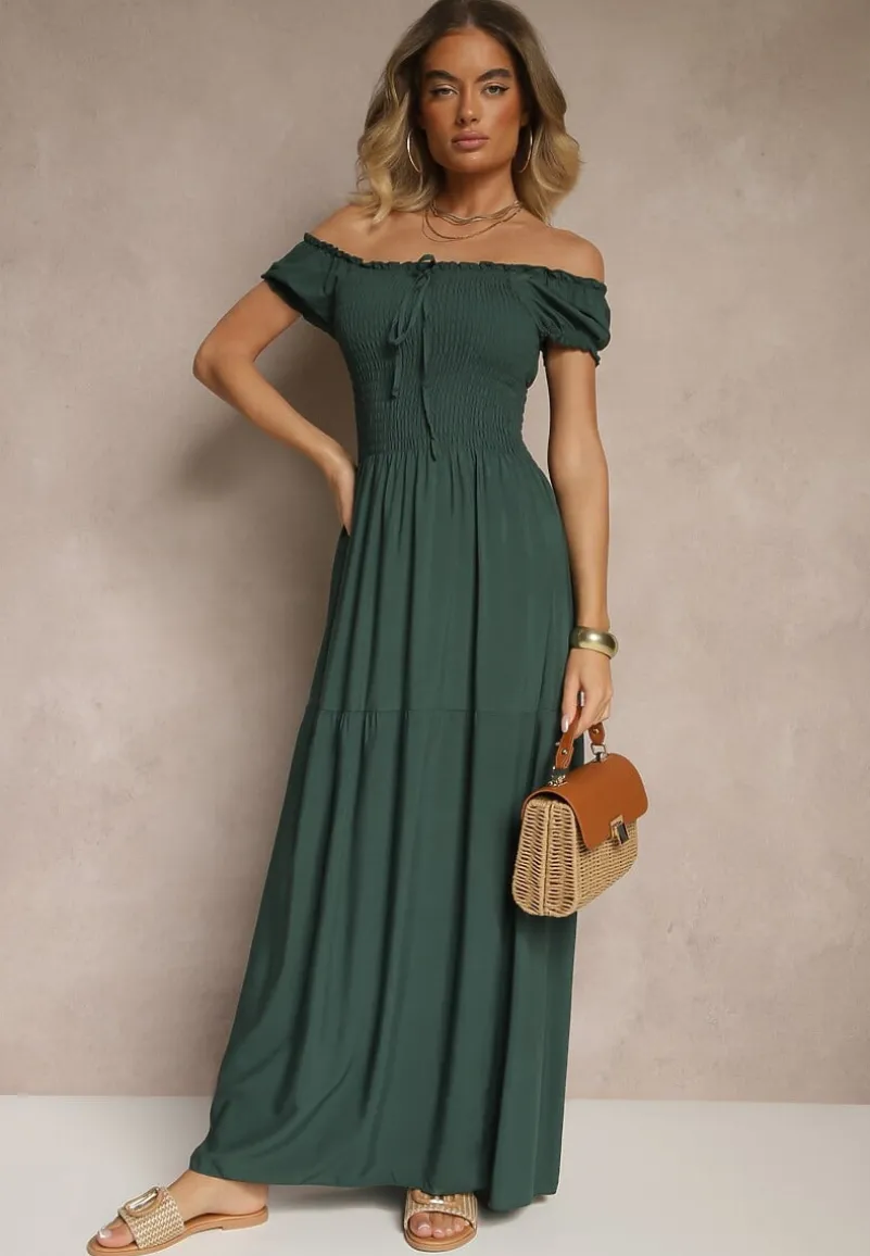 Ciemnozielona Sukienka z Wiskozy w Stylu Hiszpanki Ozdobiona Marszczeniem Jenalena