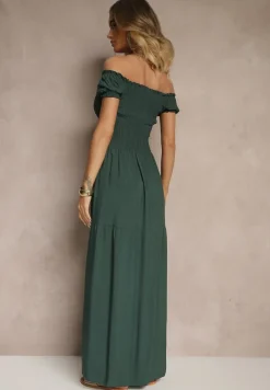 Ciemnozielona Sukienka z Wiskozy w Stylu Hiszpanki Ozdobiona Marszczeniem Jenalena