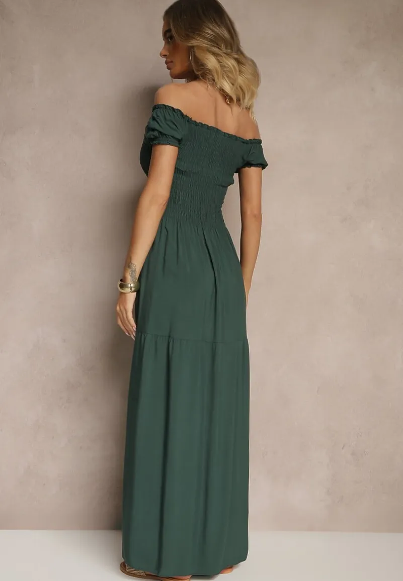 Ciemnozielona Sukienka z Wiskozy w Stylu Hiszpanki Ozdobiona Marszczeniem Jenalena