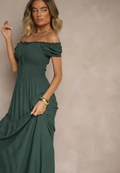 Ciemnozielona Sukienka z Wiskozy w Stylu Hiszpanki Ozdobiona Marszczeniem Jenalena