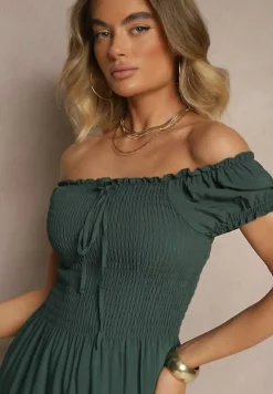 Ciemnozielona Sukienka z Wiskozy w Stylu Hiszpanki Ozdobiona Marszczeniem Jenalena