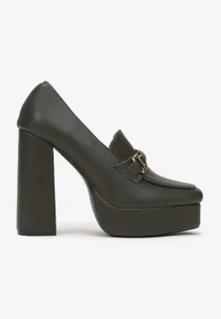 Ciemnozielone Czółenka na Platformie i Słupku z Ozdobną Klamerką Idonora