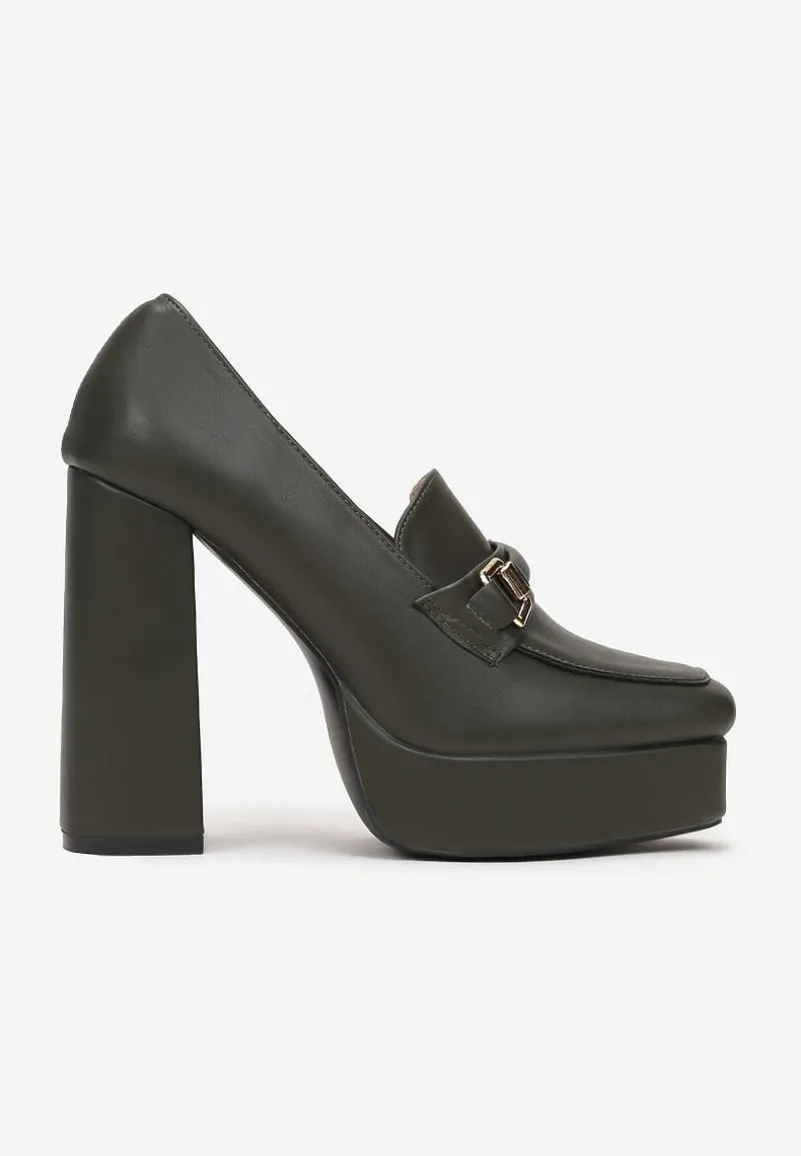 Ciemnozielone Czółenka na Platformie i Słupku z Ozdobną Klamerką Idonora