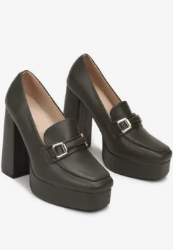 Ciemnozielone Czółenka na Platformie i Słupku z Ozdobną Klamerką Idonora