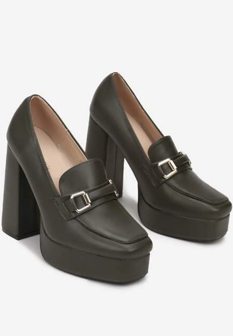 Ciemnozielone Czółenka na Platformie i Słupku z Ozdobną Klamerką Idonora